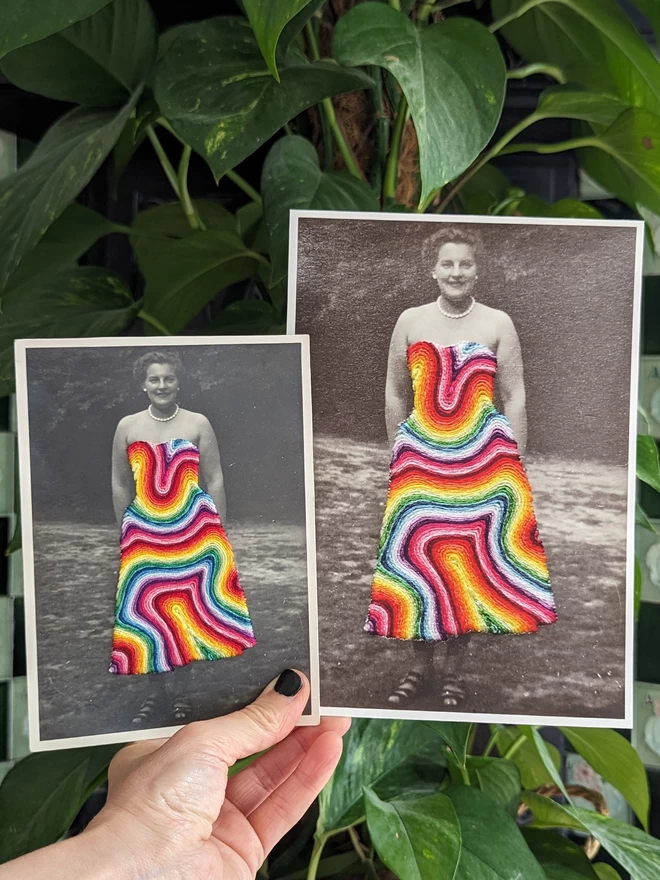 Original embroidered rainbow dress photo and print for comparison