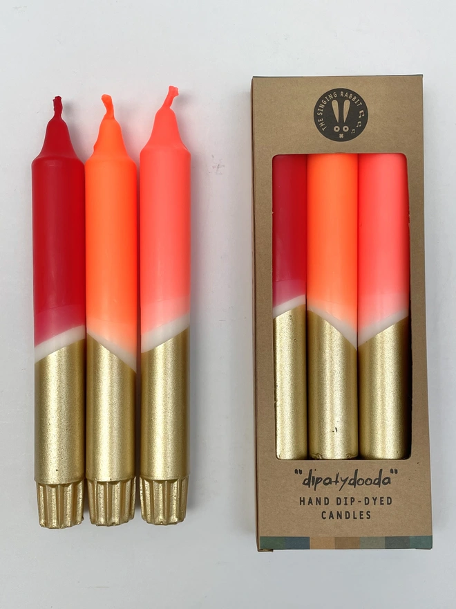 Red, Orange, Coral & Gold Dip Dyed Dinner Candles (Set Of 3)