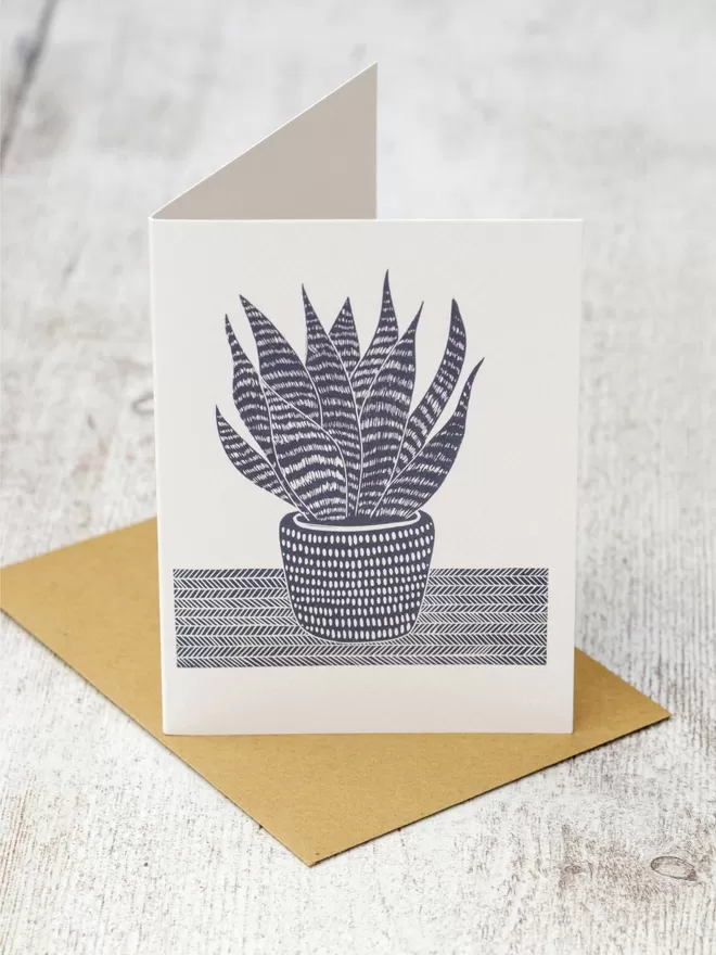 Greeting Card with an image of a Mother In Laws Tongue plant taken from an original lino print
