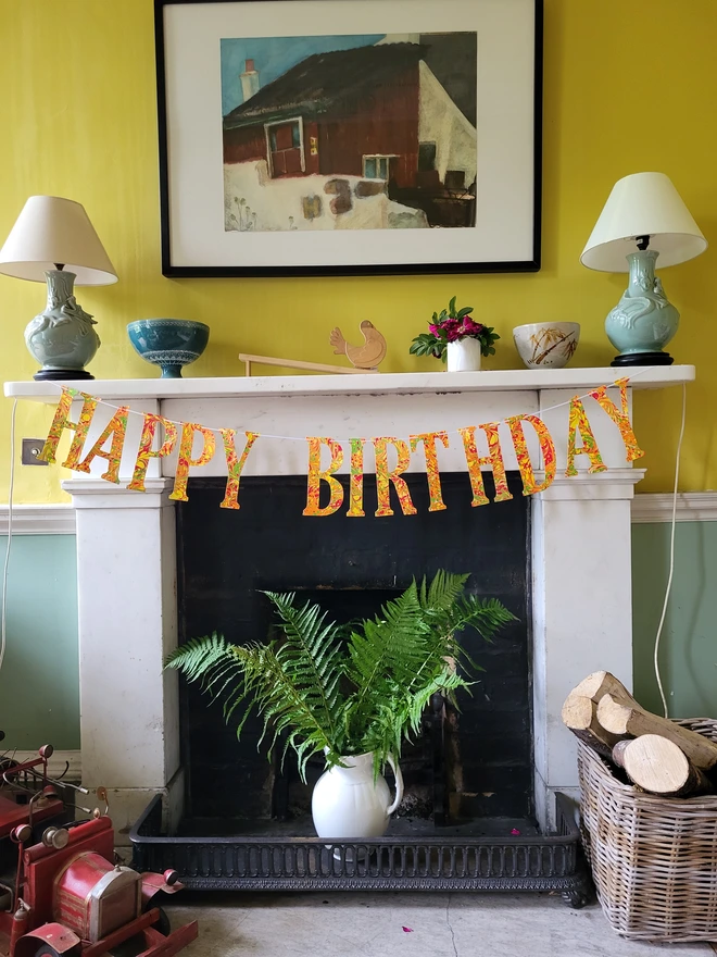 Hand-marbled happy birthday garland