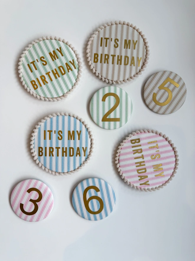 Pastel pink, green, blue and beige ticking striped It's My Birthday Badges