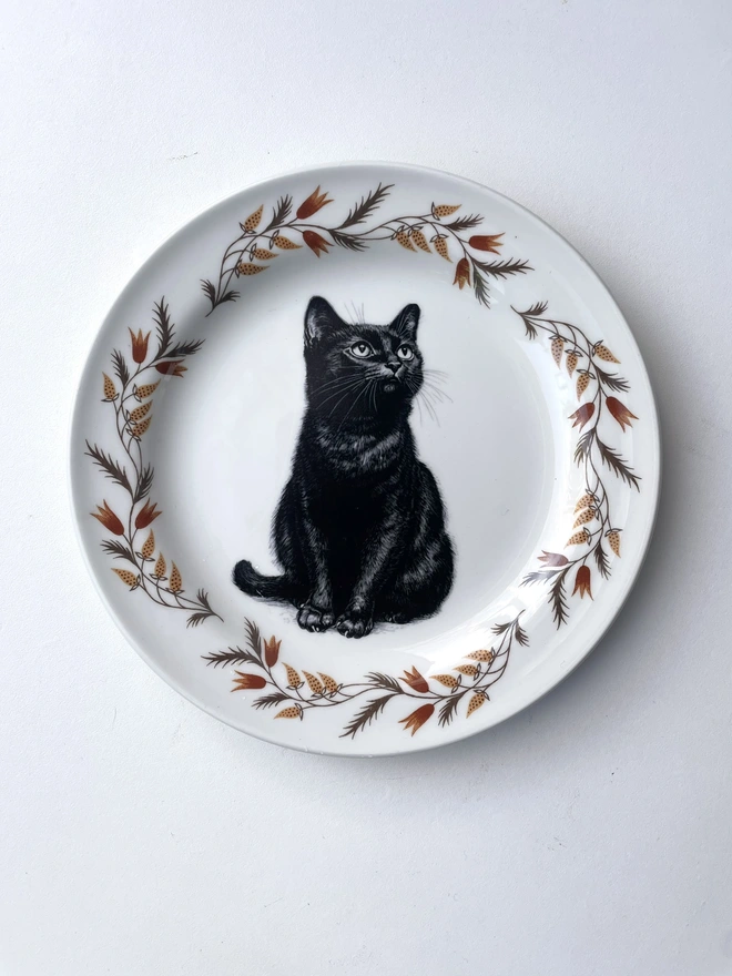 a vintage plate with an ornate border, in the centre of the plate is a vintage style black and white illustration of a black witch's cat