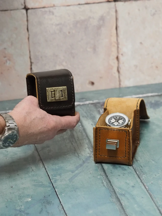 handmade leather watch carry case in dark brown and tan brown