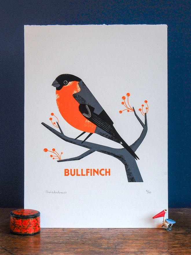 A screenprint of a Bullfinch bird on white paper against a navy blue background.