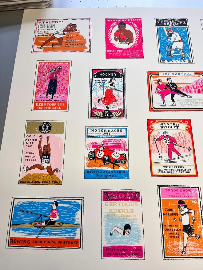 A To Z Of Sport Screenprint Going For Gold, a collection of colourful sport designs on a white screenprint. 