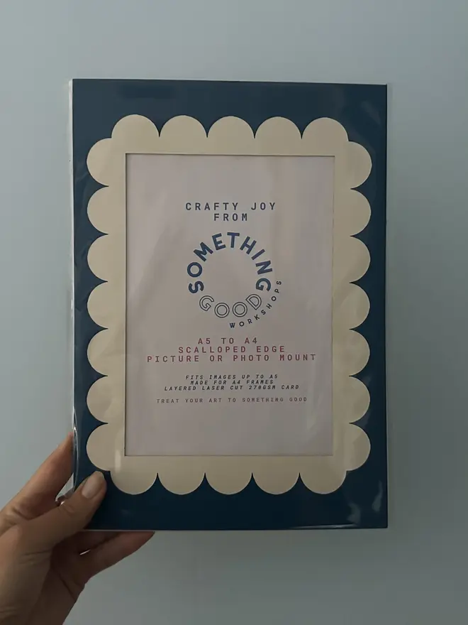 Scallop Edged A5 / A4 photo mount. blue and white mount photographed against grey background.