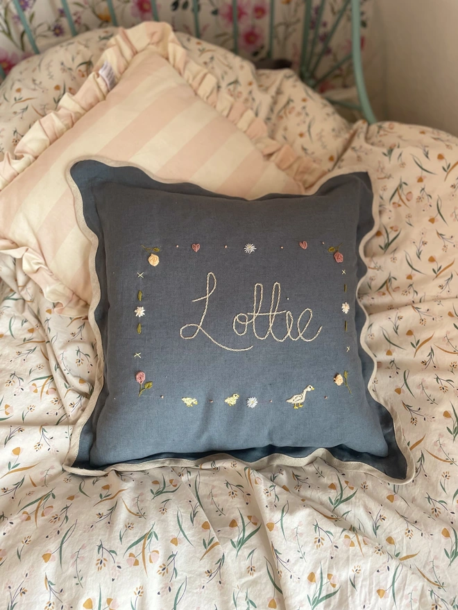 Custom hand embroidered pillow with wild flowers and ducks 