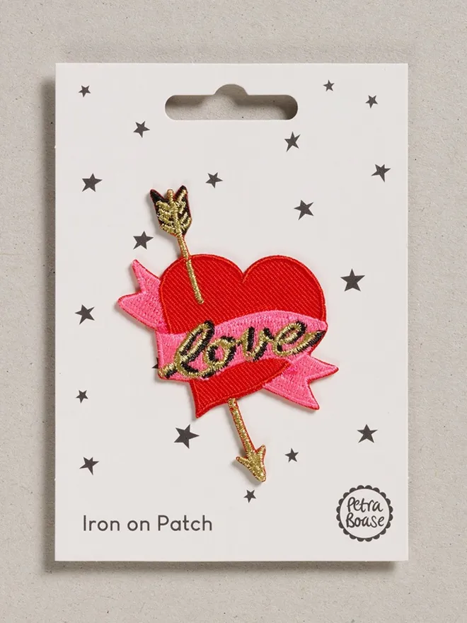 Love heart with arrow iron on embroidered fabric patch.