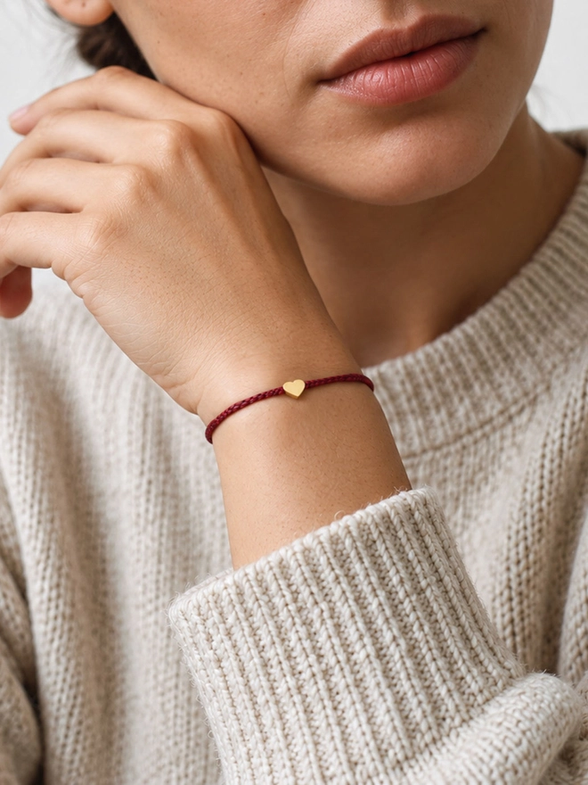 red cord bracelet gold vermeil heart charm women’s handmade London