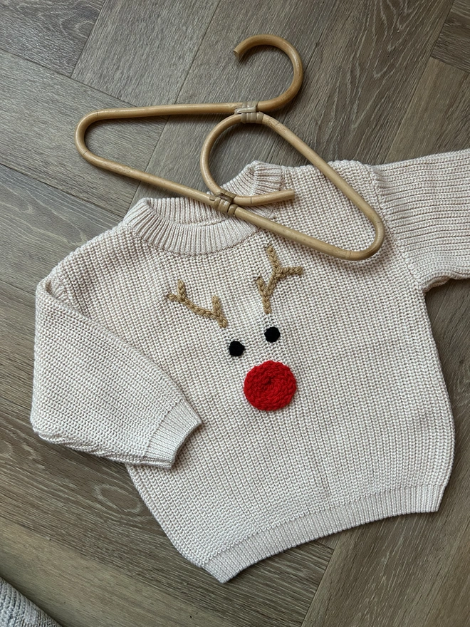 oversized christmas jumper, reindeer antlers and nose. kids jumper