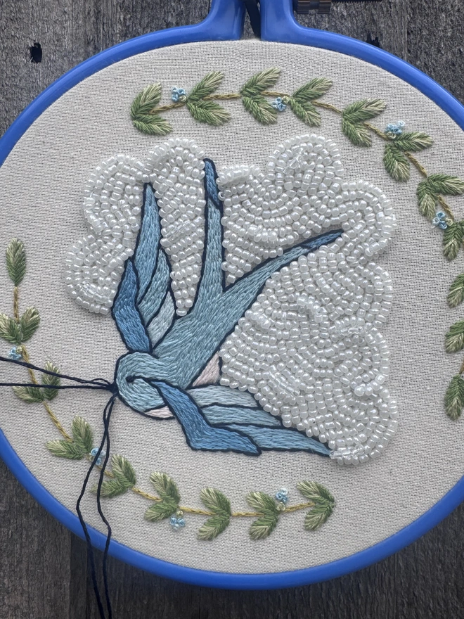 Close up of one of the embroidery hoops 