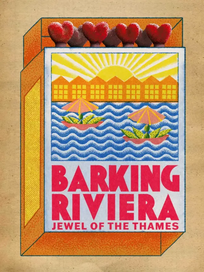 A vintage-style illustration of a matchbox. The matchbox label depicts the title Barking Riviera, a playful depiction of Barking in London with a backdrop of buildings, a sun shining and the river Thames.