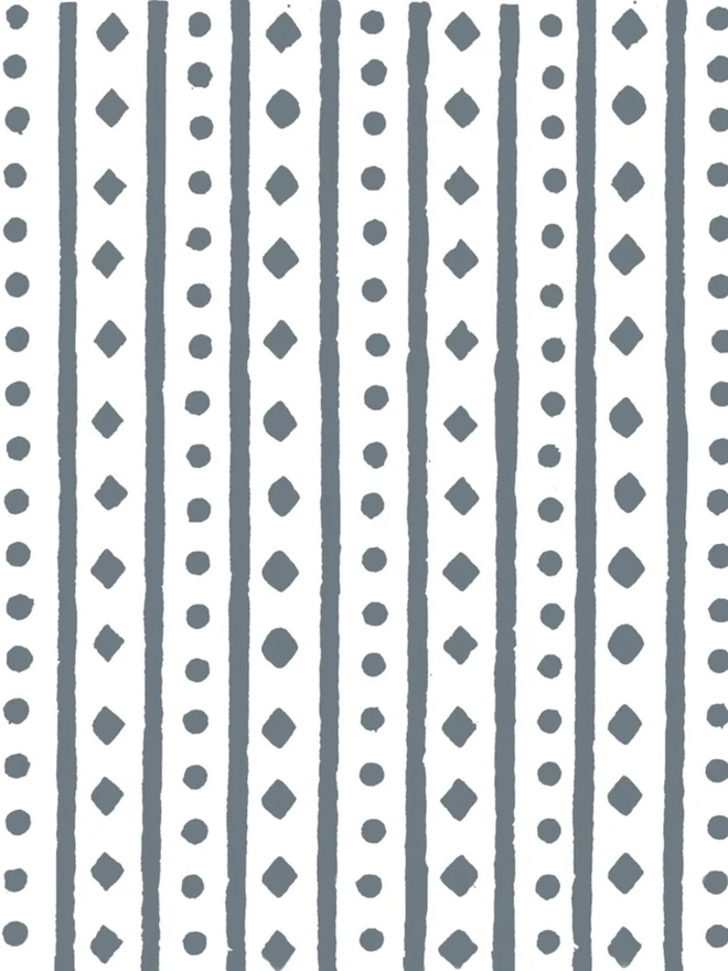 A5 Small Landscape Travel Watercolour Book. Close-up of a hand-printed paper pattern with slate grey vertical stripes alternating with rows of dots and small diamonds on white. The simple block-print design brings a calm, classic look to notebooks, wrapping and paper crafts.