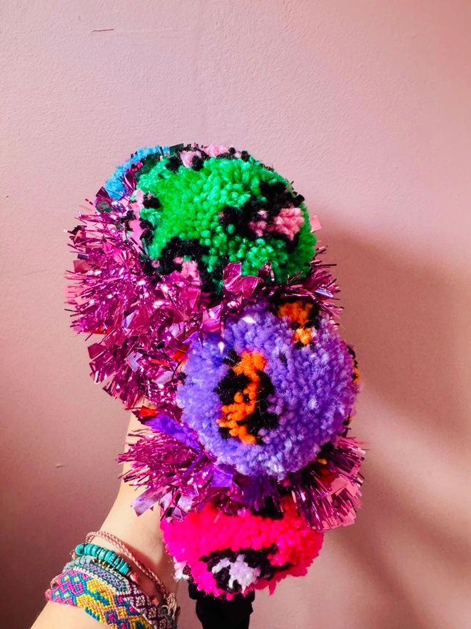 Leopard print Pom Pom festival headband festival Pom Pom tinsel headband bright headband rainbow headband pink tinsel 