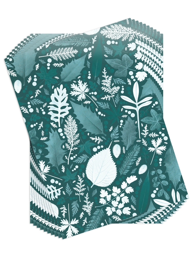 10 Folded sheets of Green Winter Leaves Christmas Gift Wrap