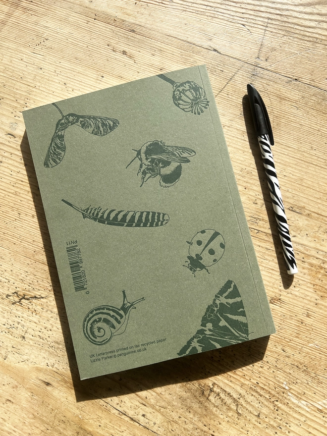 Back of the notebook showing multiple insects and feathers.