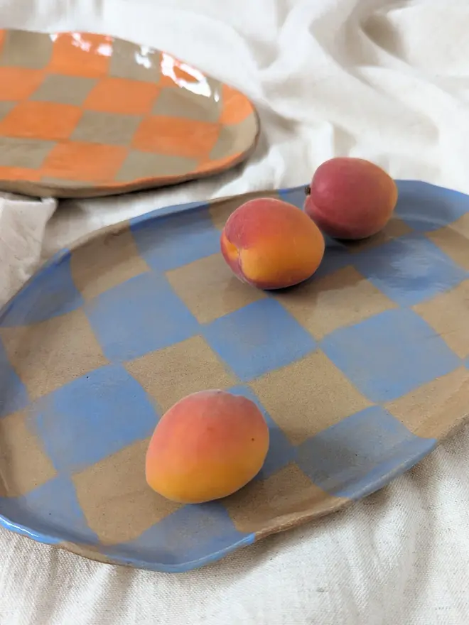 Baby Blue Checks Oval Serving Plate