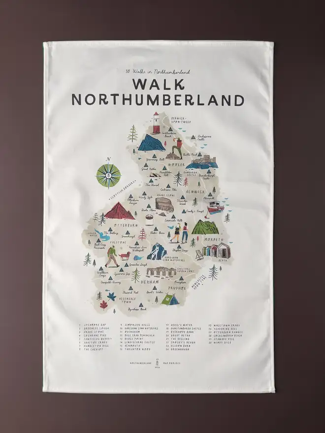 northumberland walking map tea towel