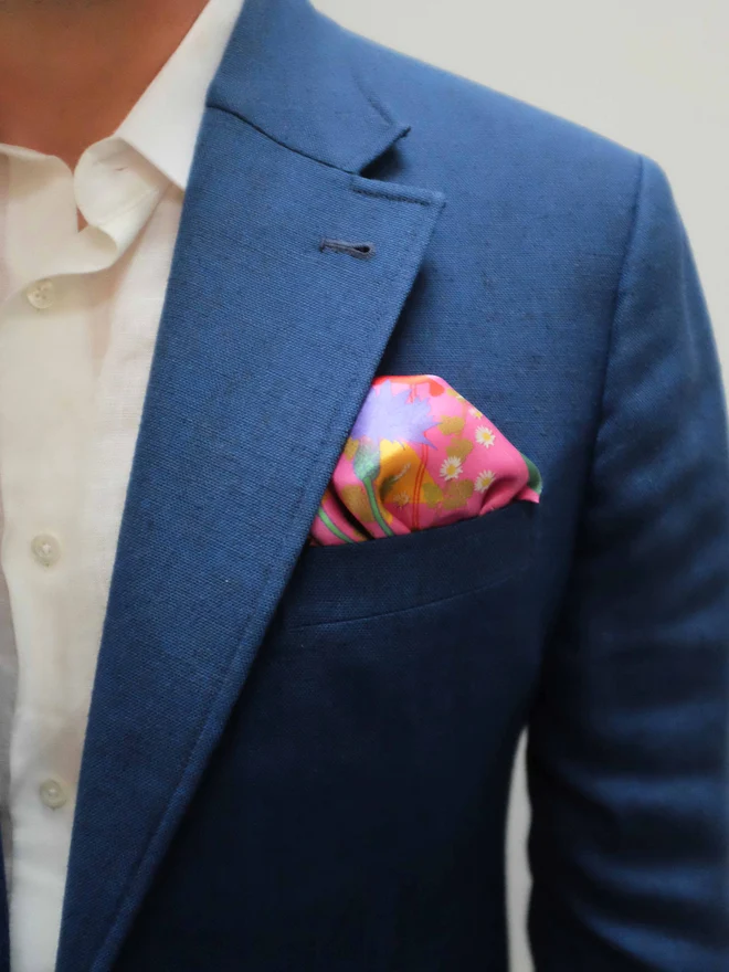 'In Bloom' Pocket Square in a Blue Suit Pocket