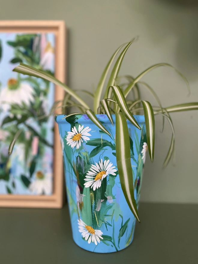 Blue Hand Painted Daisies Tall Vase