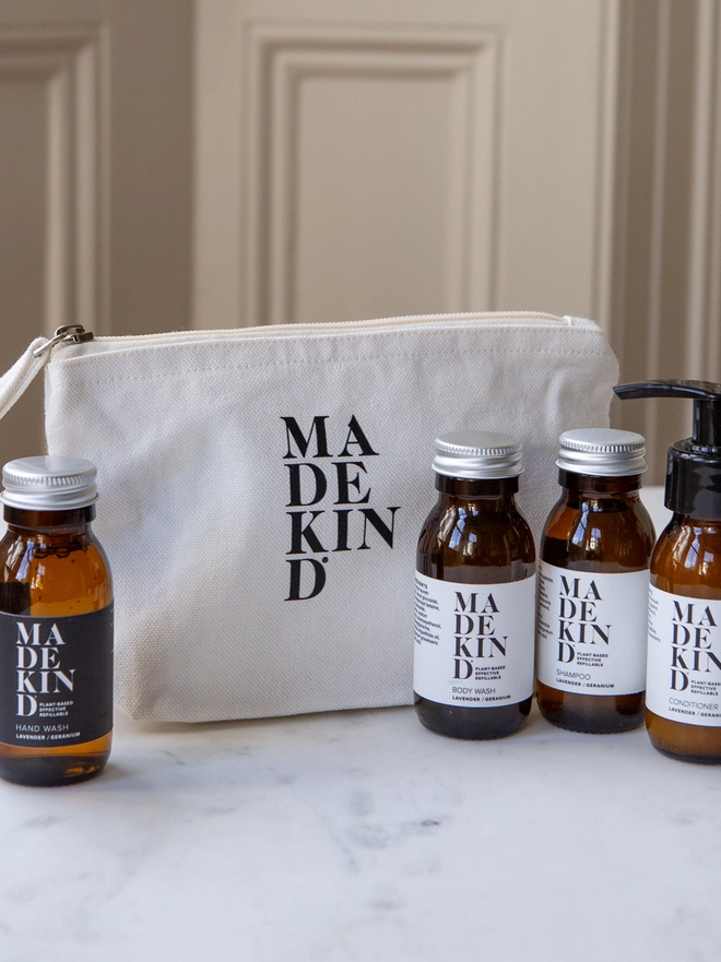 MadeKind Wash Bag with 4 bottles of toiletries