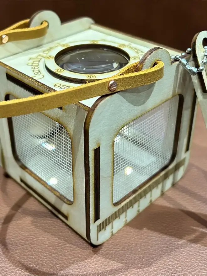 Baltic birch plywood bug observation box with clear viewing panels and a leather carrying handle displayed on table. 