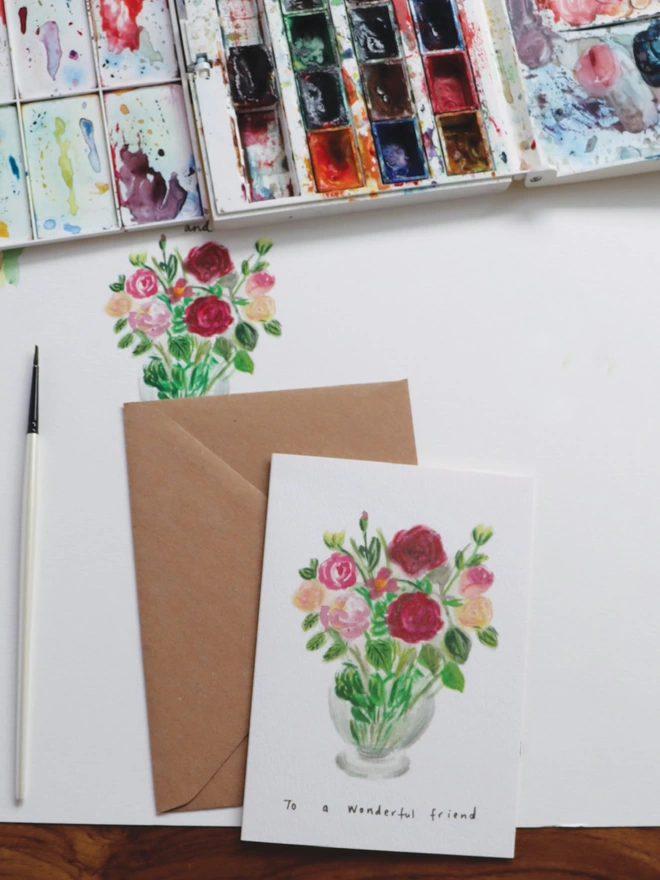 Watercolour vase of Roses Greeting Card