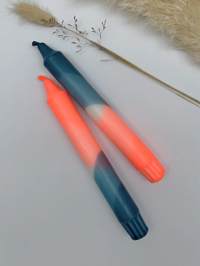 Neon Coral & Teal Dip Dyed Dinner Candles (Set Of 2)