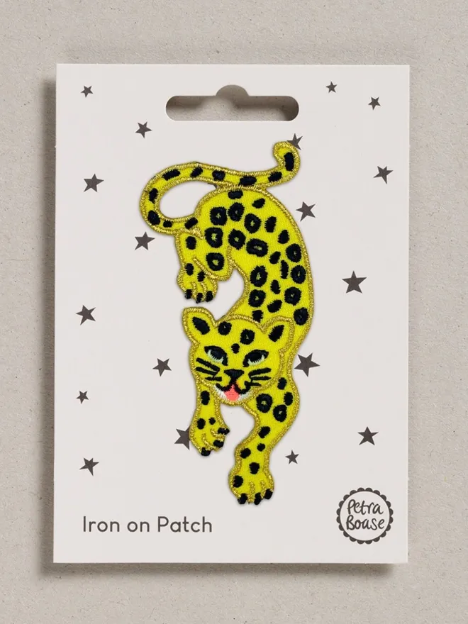 Leaping Leopard embroidered fabric patch with an iron-on backing