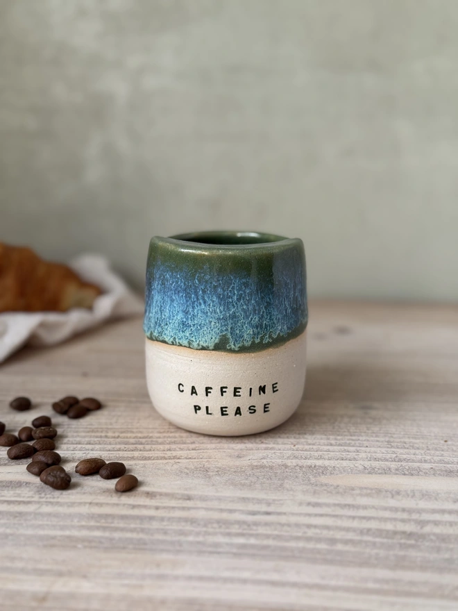 'Caffeine Please' Ceramics Travel Cup Green Granite Glaze