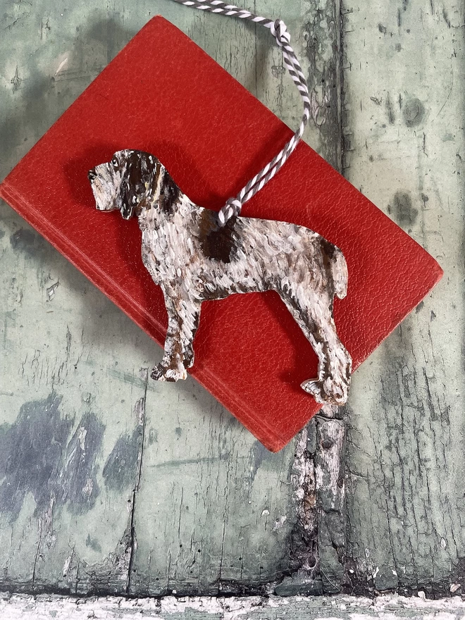 Italian Spinone Hand-painted wooden dog decoration, placed on a book about dogs