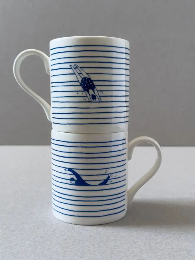 white blue stripe swimmer mug