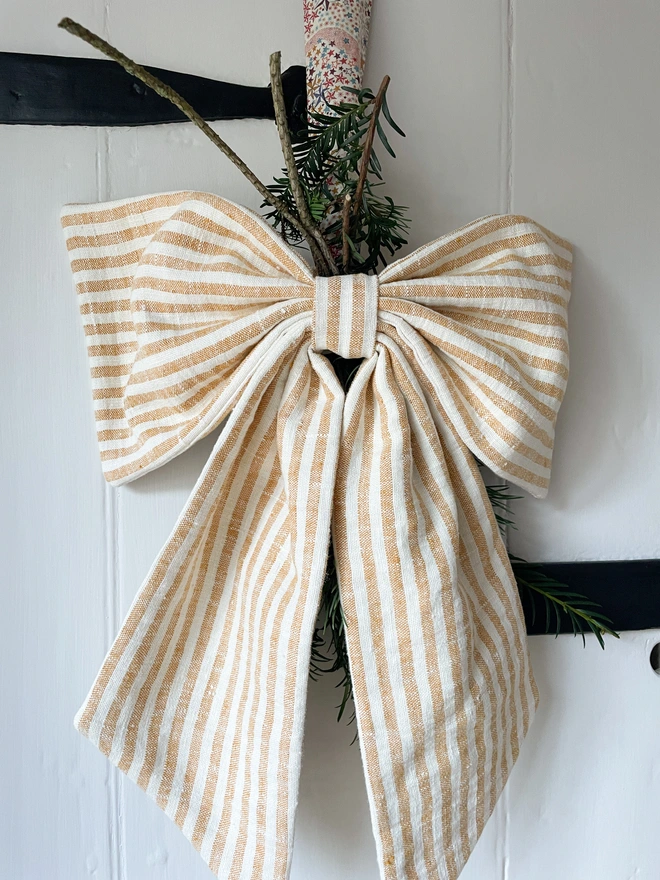 Gold Ivory Stripe Linen Oversized Bow Decoration