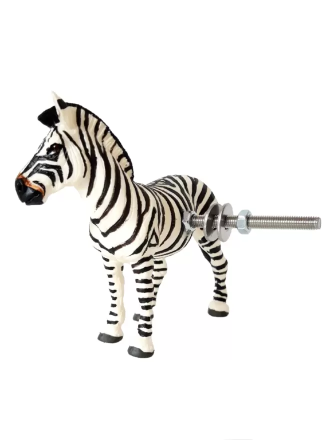 A zebra safari animal door knob on a white background. The fixing bolt, nut and washers of the zebra knob can be seen protruding out the back of the zebra. The zebra knob 9cm tall, it is made of plastic with metal fastenings, the brand of the animal door knobs is Candy Queen Designs.
