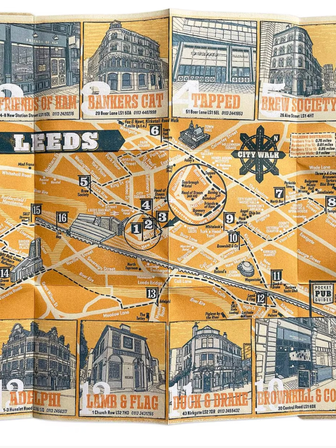 Leeds Pocket Pub Guide. A map of Leeds with notable pubs and breweries highlighted.