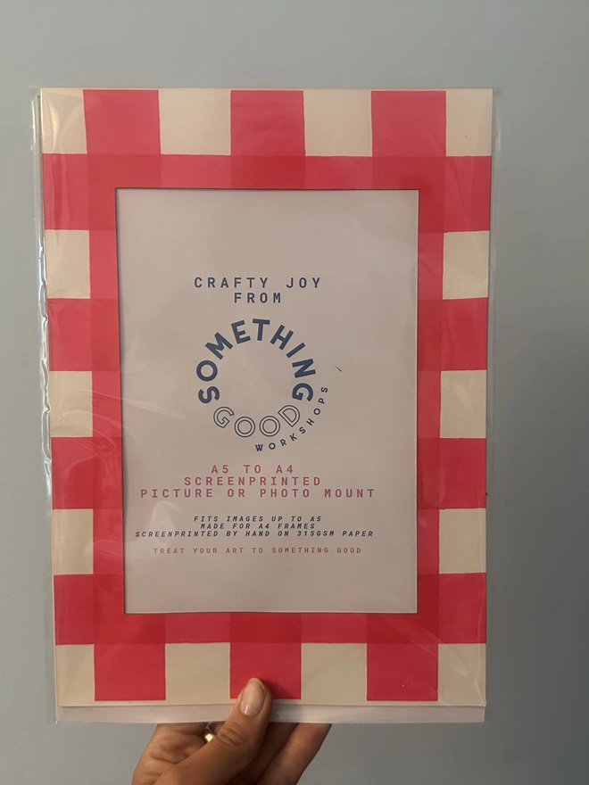 Gingham Screen Printed A5 / A4 Photo Mount. red gingham mount held against grey background.
