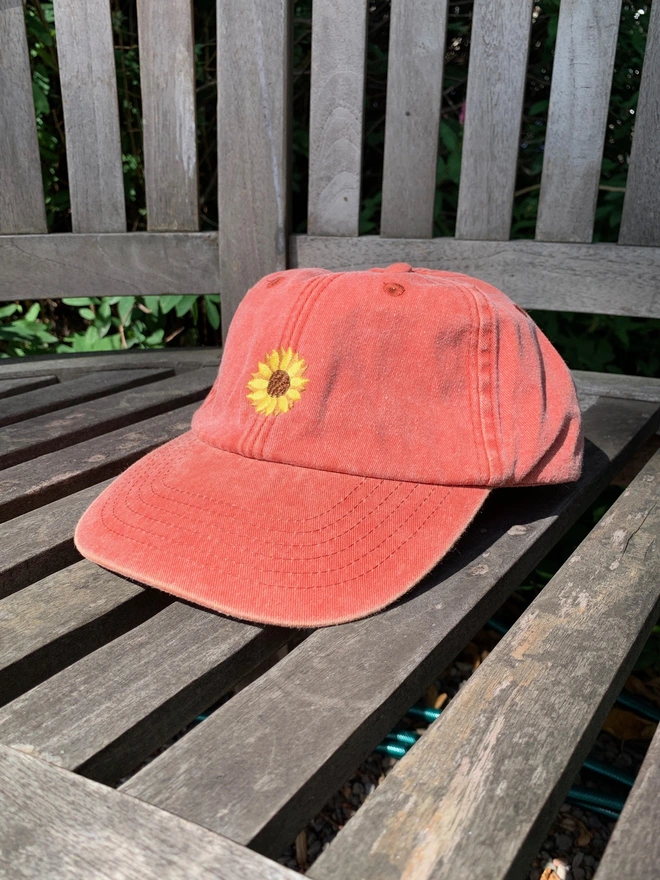 Vintage Canvas Orange Cap with Sunflower Design