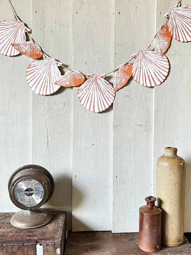 Shell Garland, Hand Printed Linocut Wall Hanging. Scallop Shells & Whelk Shells