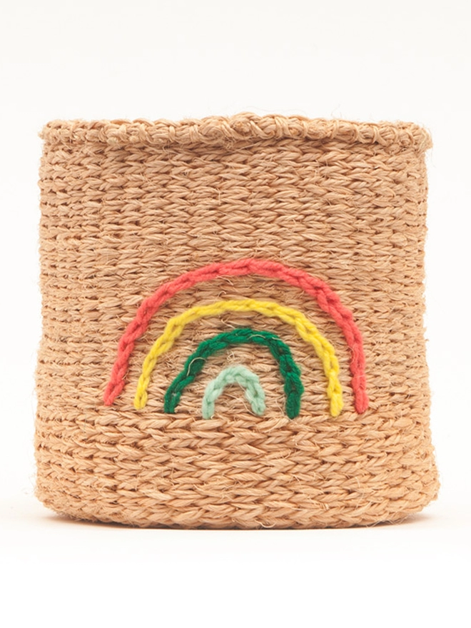 rainbow motif on a sisal storage basket