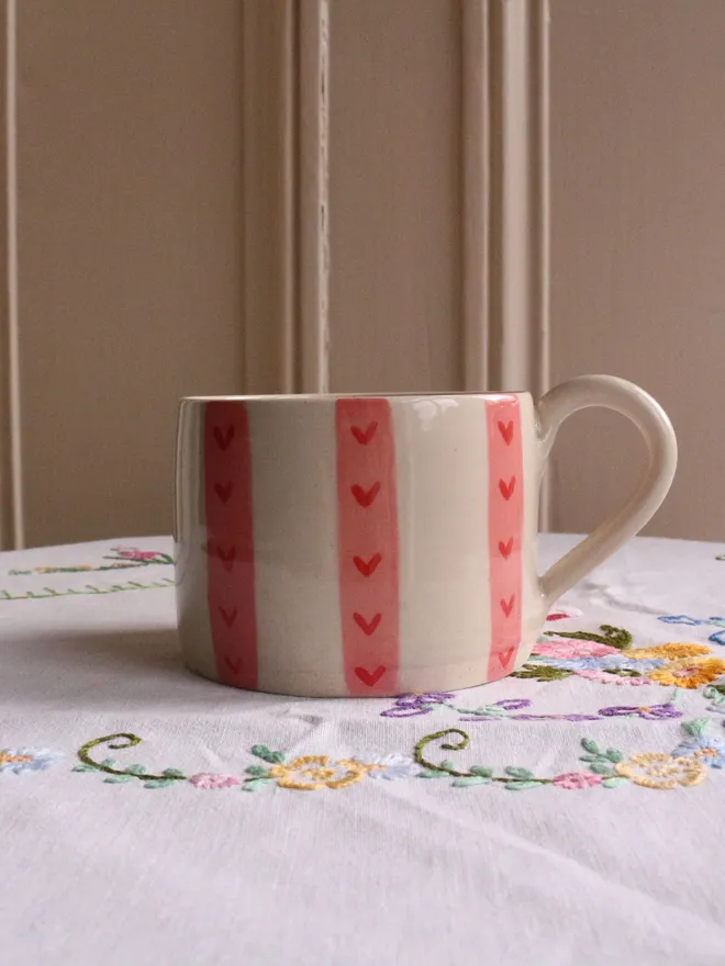 Pink stripey mug with red hearts for Valentines Day
