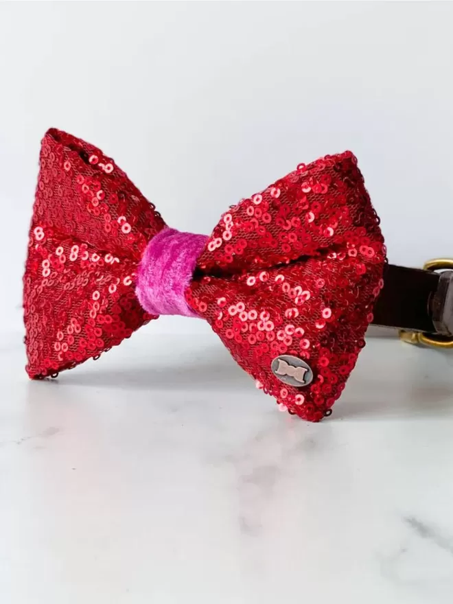 Bette Sequinned Dog Bow Tie | Red & Pink