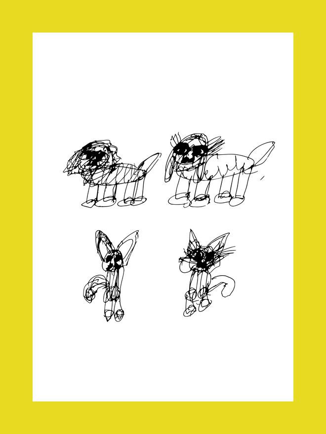 Pipers unique drawing in black fine pen that you can see was drawn in rapid movements of two dogs and the below two cats