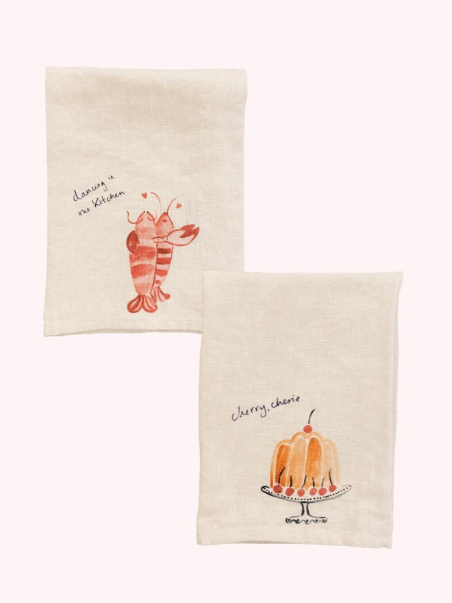 lobster couple dancing and cherry cake print linen napkins - set of 2