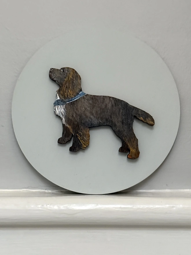 Hand - painted Working Cocker Spaniel Dog portait  - chocolate brown dog on pale blue background