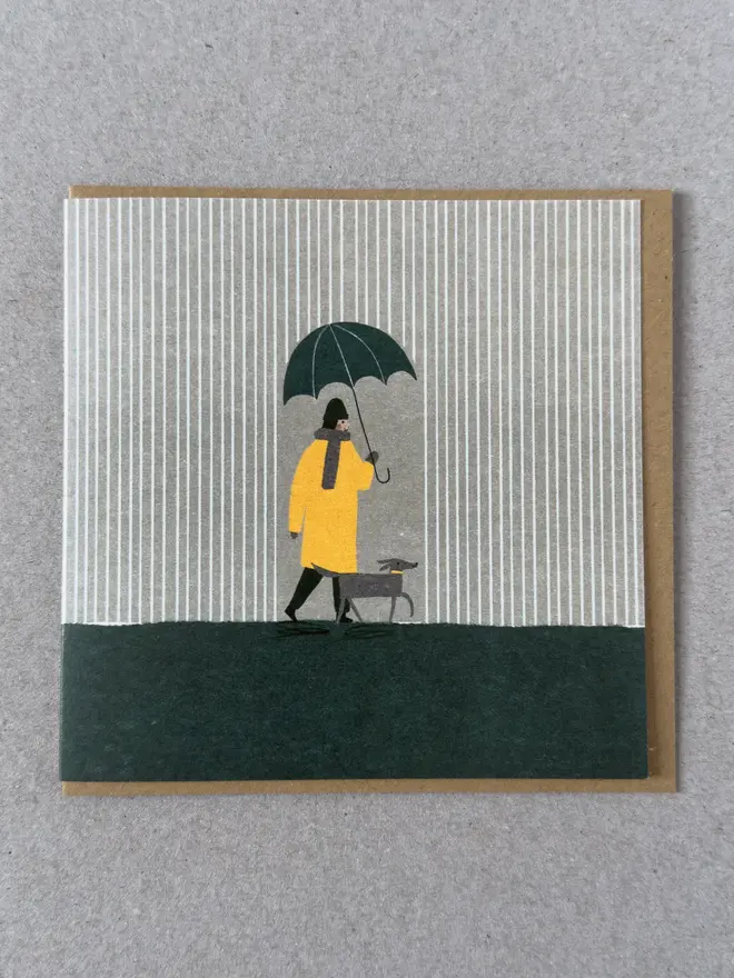 dog walk in the rain illustrated greetings card