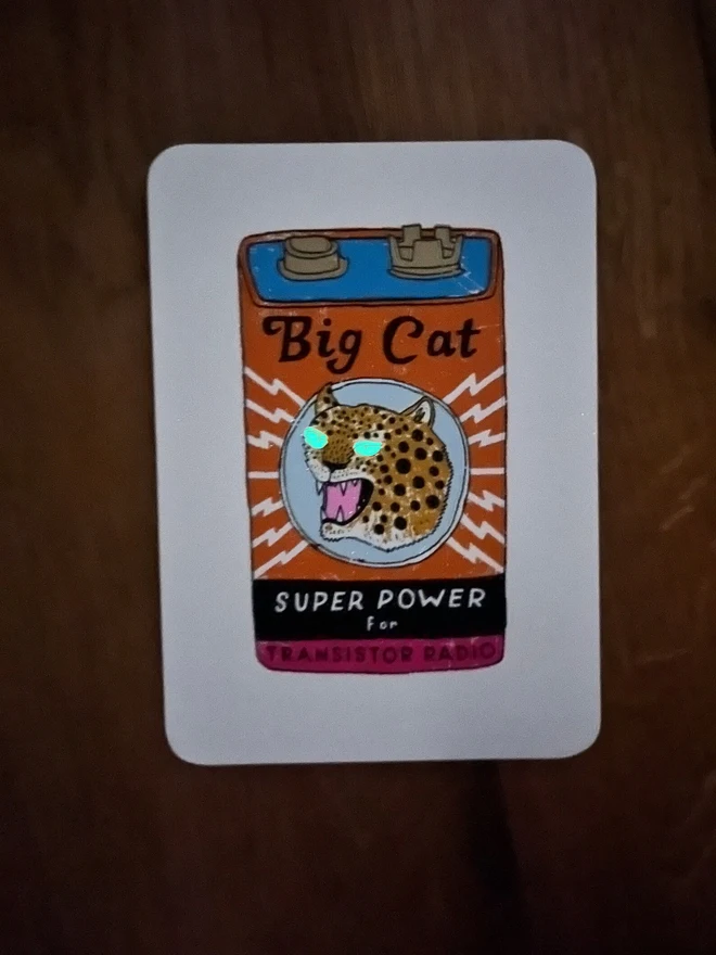 Big Cat Power Battery Screenprint, a colourful cat design against a white card. The glow in the dark eyes can be seen. 