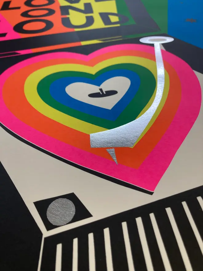 'Love On Loud' Screenprint, a colourful screenprint. The screenprint says 'Love on loud' and is a depicting a record player. 