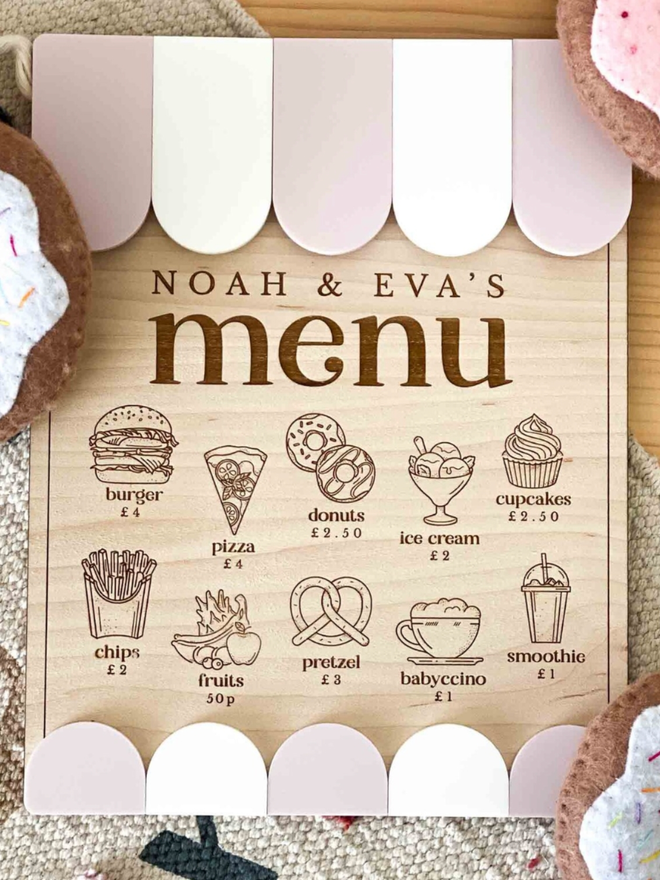 Personalised Wooden Play Kitchen Menu. A kitchen play menu in dusky pink.
