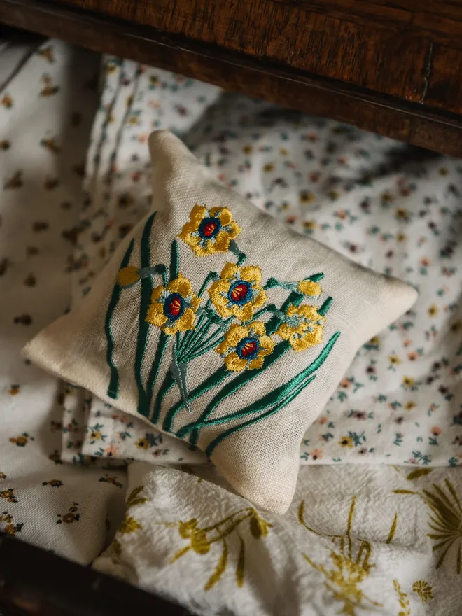 Yellow & blue floral bloom Lavender Sachet. A sachet of Lavender with embroidered floral design.