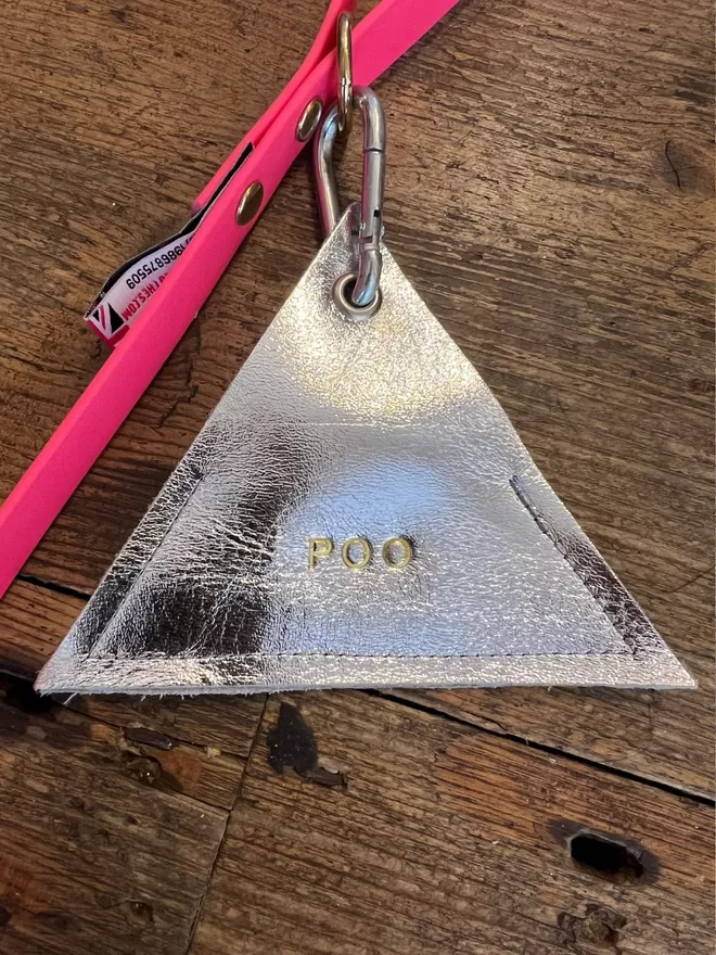 silver shiny metalic triangle pouch with embossed personalised words 